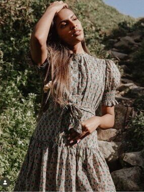 Daughters of India Prairie Midi Floral Sage Dress Puff Sleeves XL